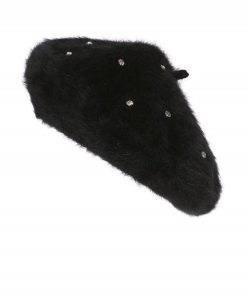 Rhinestone Faux Fur Beret Hat HA320966 BLACK